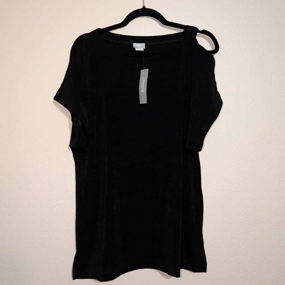 NWT Chico's Black Single Cold Shoulder Top Womens 2 Short Sleeve Shirt - Picture 4 of 10